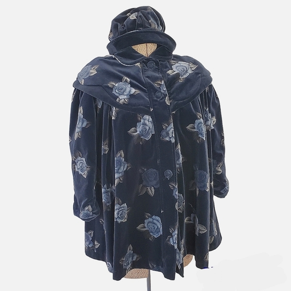 Vintage navy blue velvet coat and hat set - Picture 3 of 16